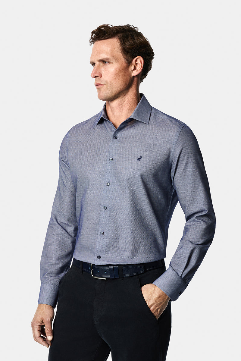 Koyu Lacivert Uzun Kol Slim Fit Pamuk Armürlü Gömlek