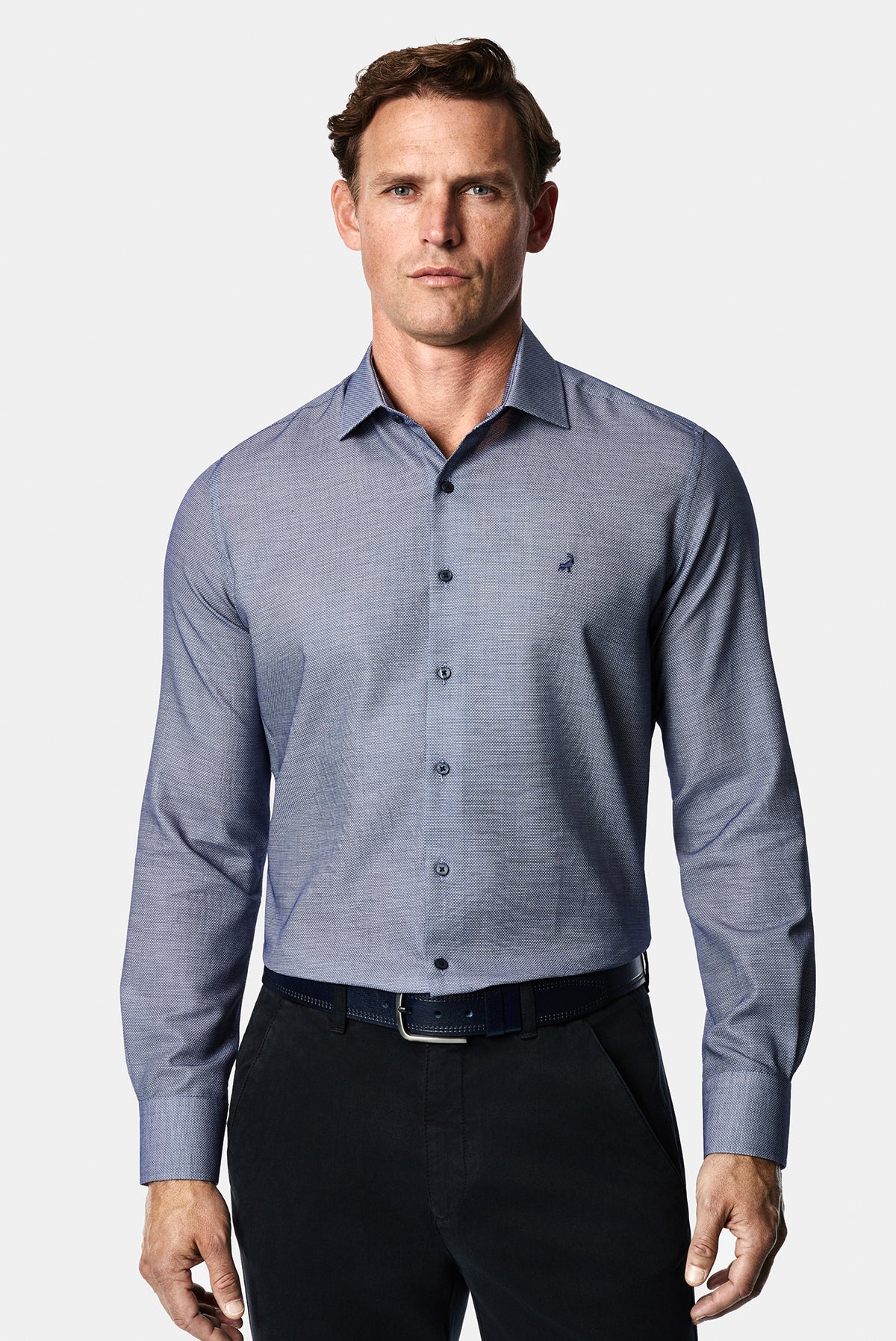 Koyu Lacivert Uzun Kol Slim Fit Pamuk Armürlü Gömlek