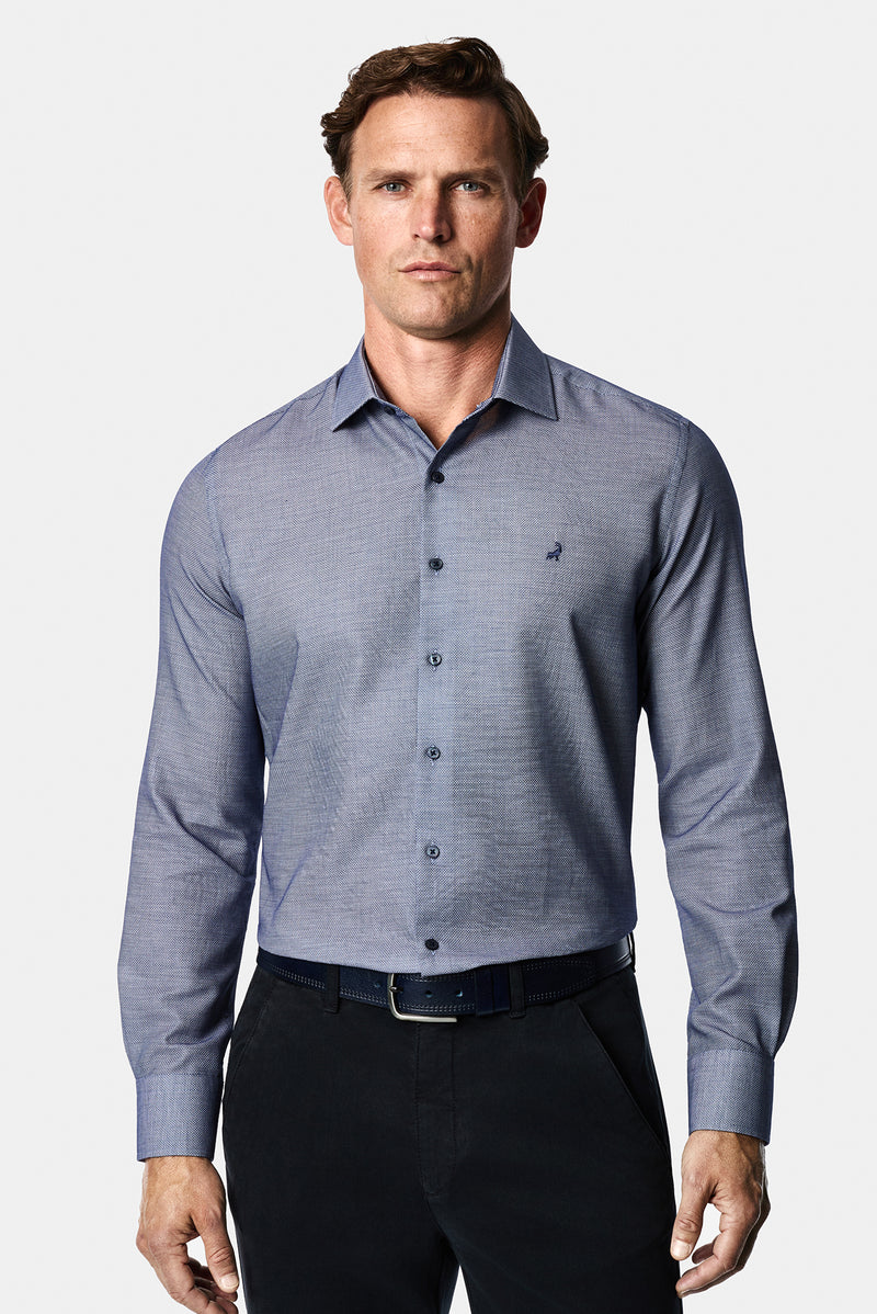 Koyu Lacivert Uzun Kol Slim Fit Pamuk Armürlü Gömlek
