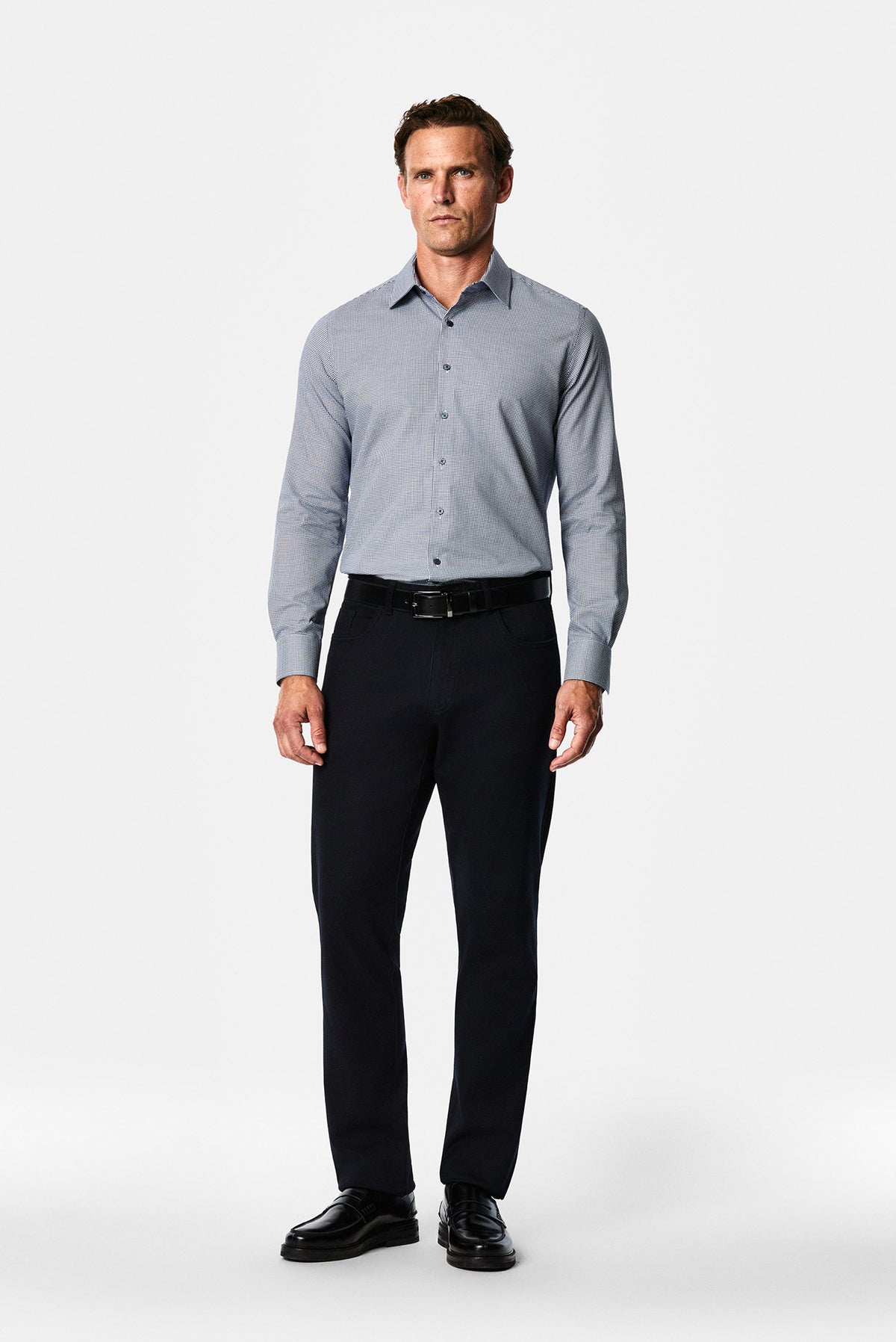 Koyu Lacivert Uzun Kol Slim Fit Klasik Yaka Ekose %100 Pamuk Gömlek