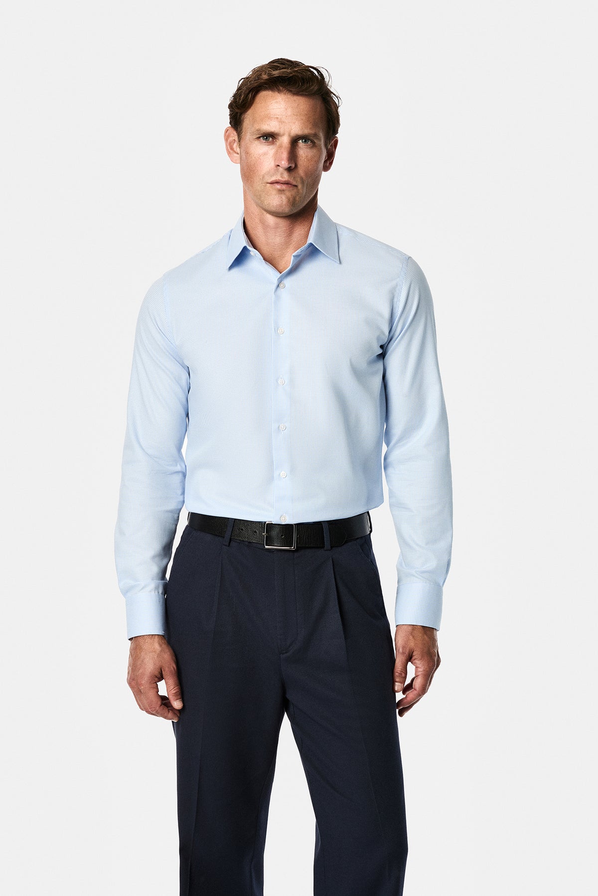 Açık Mavi Uzun Kol Slim Fit Klasik Yaka Ekose %100 Pamuk Gömlek