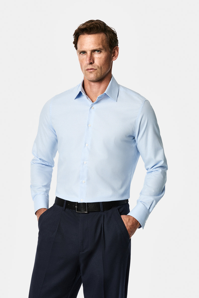 Açık Mavi Uzun Kol Slim Fit Klasik Yaka Ekose %100 Pamuk Gömlek