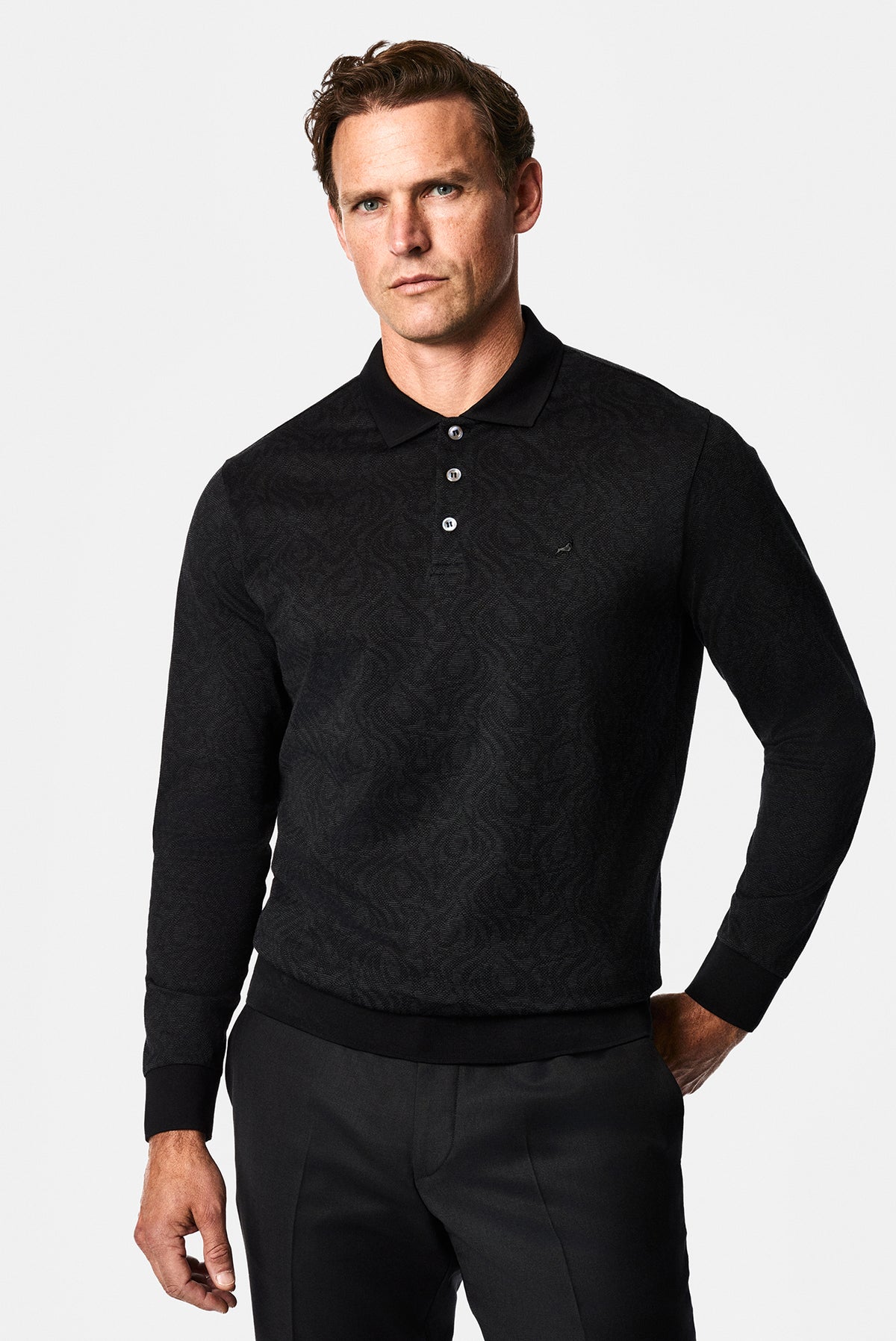 Siyah Polo Yaka Regular Fit Desenli Nakışlı %100 Pamuk Merserize Sweatshirt