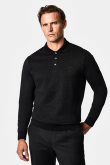 Siyah Polo Yaka Regular Fit Desenli Nakışlı %100 Pamuk Merserize Sweatshirt