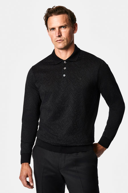 Siyah Polo Yaka Regular Fit Desenli Nakışlı %100 Pamuk Merserize Sweatshirt