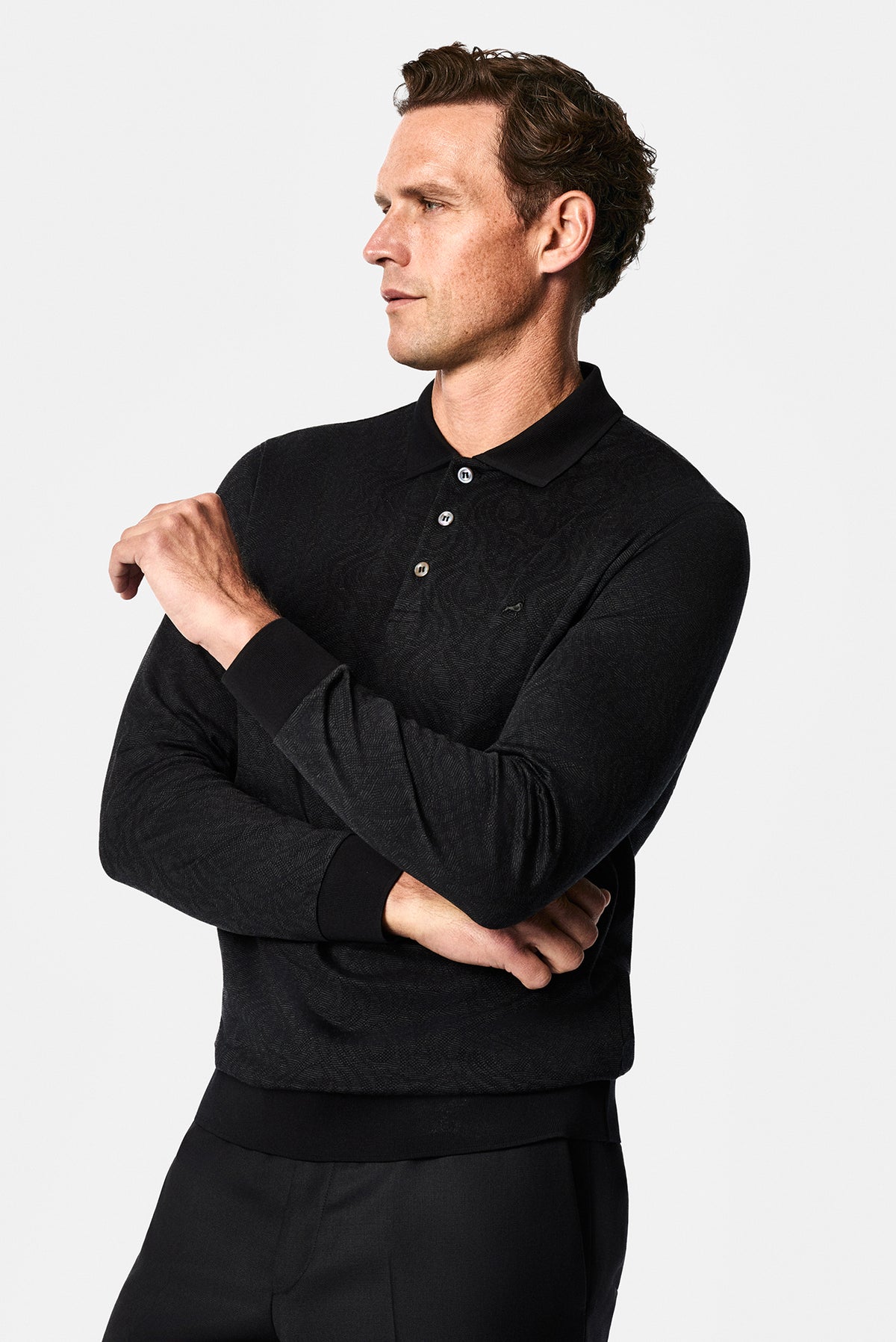 Siyah Polo Yaka Regular Fit Desenli Nakışlı %100 Pamuk Merserize Sweatshirt