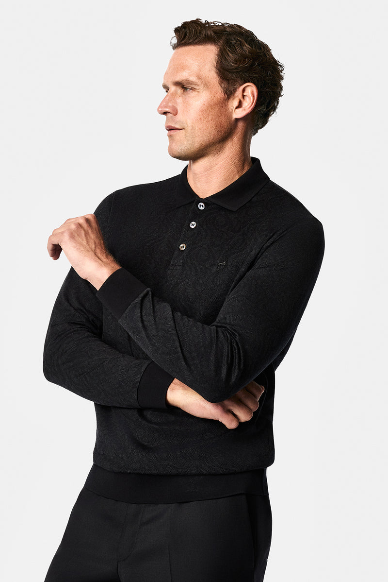 Siyah Polo Yaka Regular Fit Desenli Nakışlı %100 Pamuk Merserize Sweatshirt