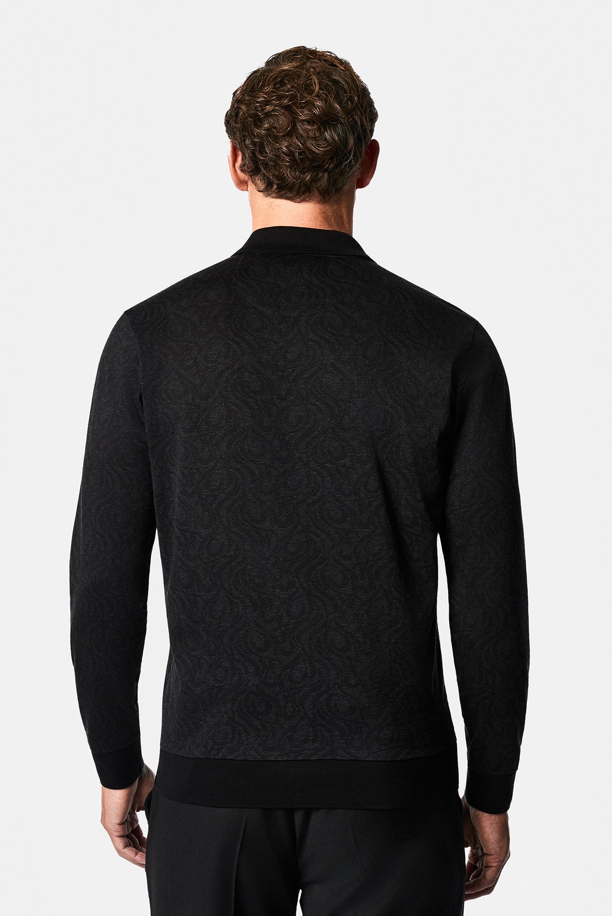 Siyah Polo Yaka Regular Fit Desenli Nakışlı %100 Pamuk Merserize Sweatshirt