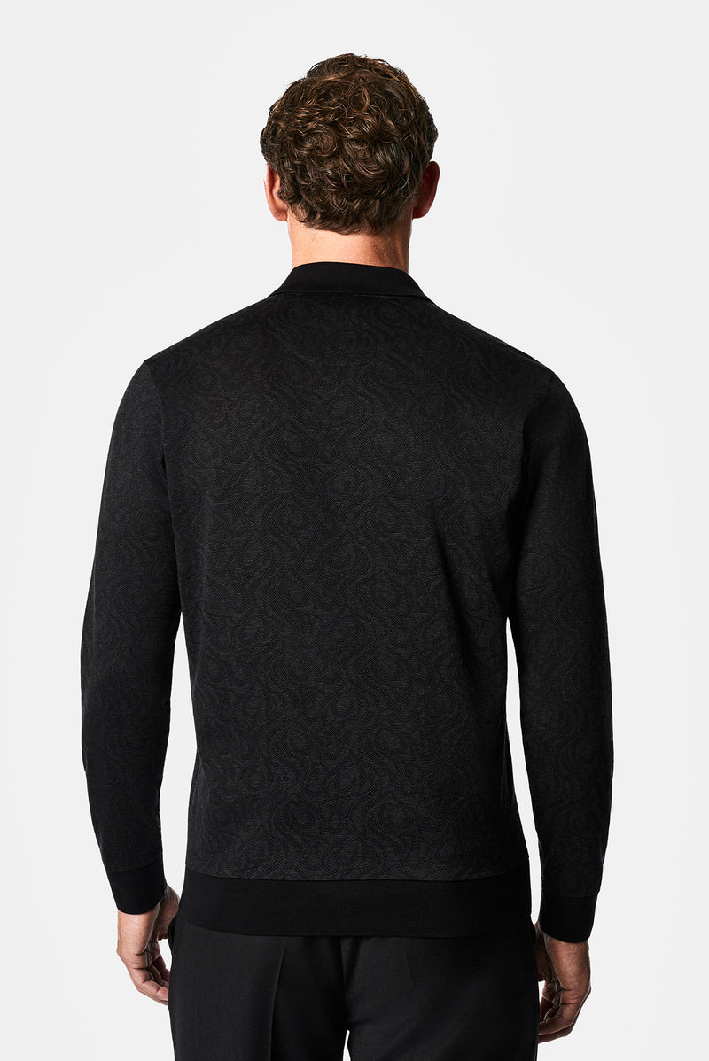 Siyah Polo Yaka Regular Fit Desenli Nakışlı %100 Pamuk Merserize Sweatshirt