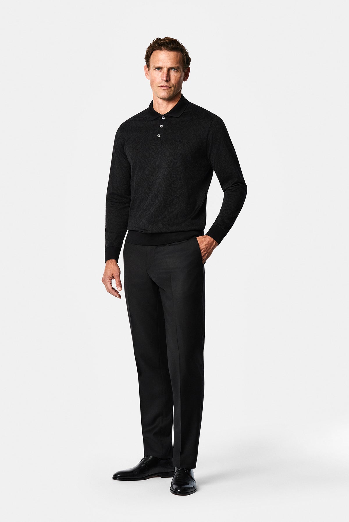 Siyah Polo Yaka Regular Fit Desenli Nakışlı %100 Pamuk Merserize Sweatshirt