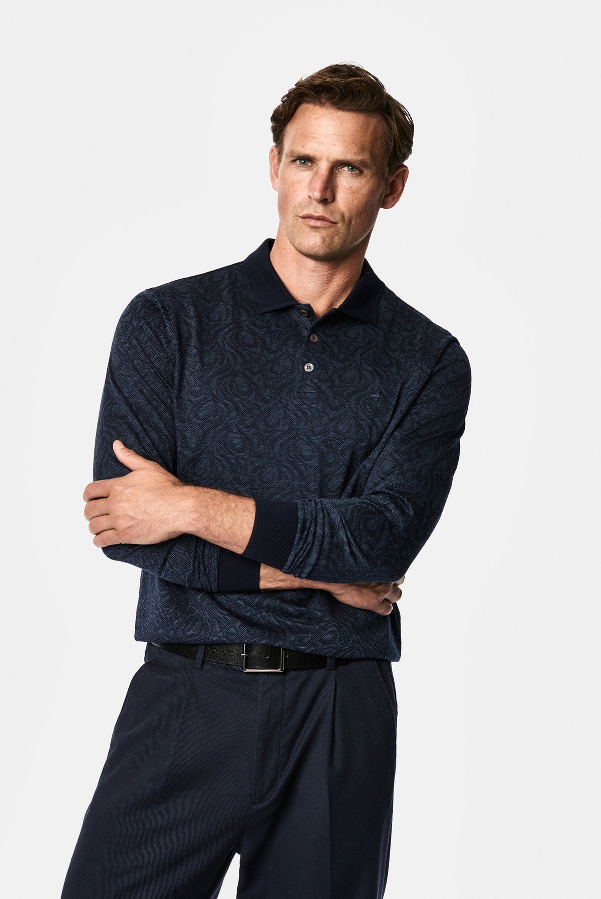 Koyu Lacivert Polo Yaka Regular Fit Desenli Nakışlı %100 Pamuk Merserize Sweatshirt
