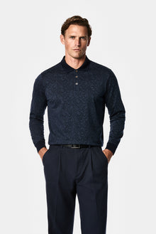 Koyu Lacivert Polo Yaka Regular Fit Desenli Nakışlı %100 Pamuk Merserize Sweatshirt