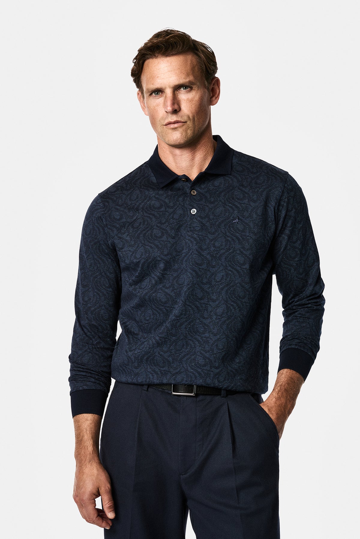 Koyu Lacivert Polo Yaka Regular Fit Desenli Nakışlı %100 Pamuk Merserize Sweatshirt