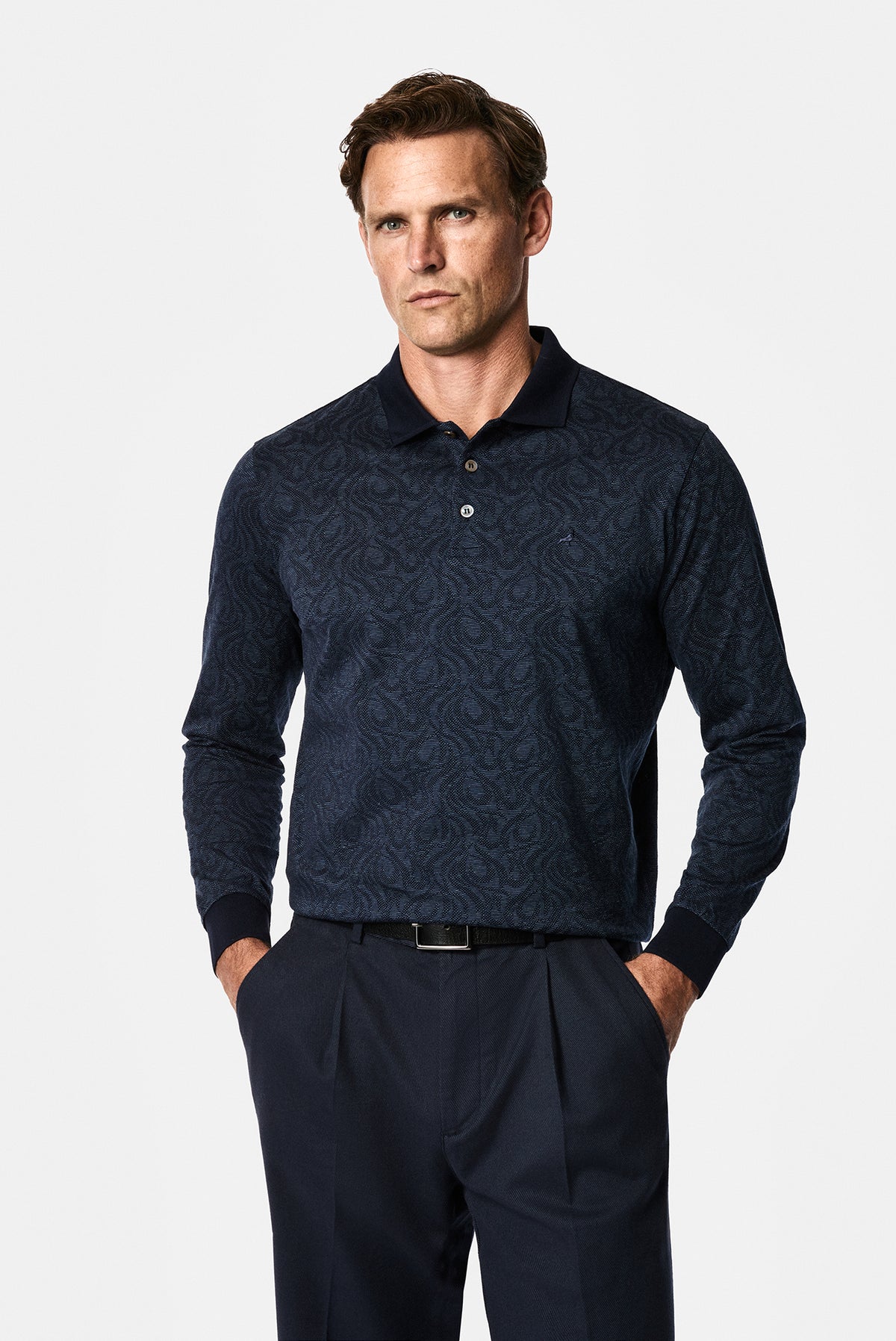Koyu Lacivert Polo Yaka Regular Fit Desenli Nakışlı %100 Pamuk Merserize Sweatshirt