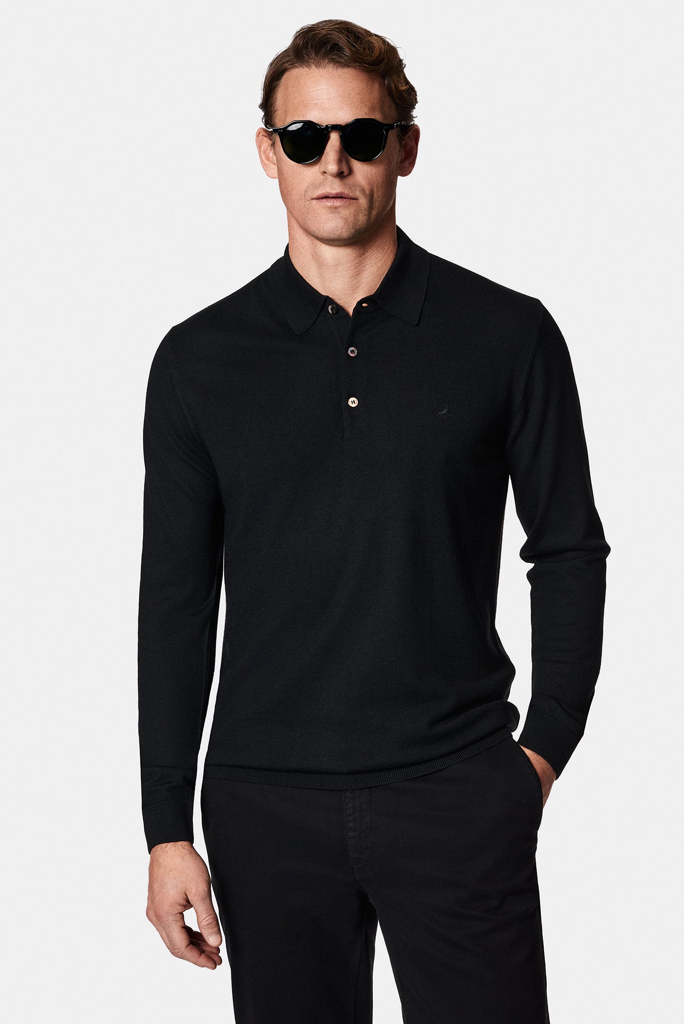 Siyah Polo Yaka Regular Fit Düğmeli Nakışlı Yün Triko Kazak