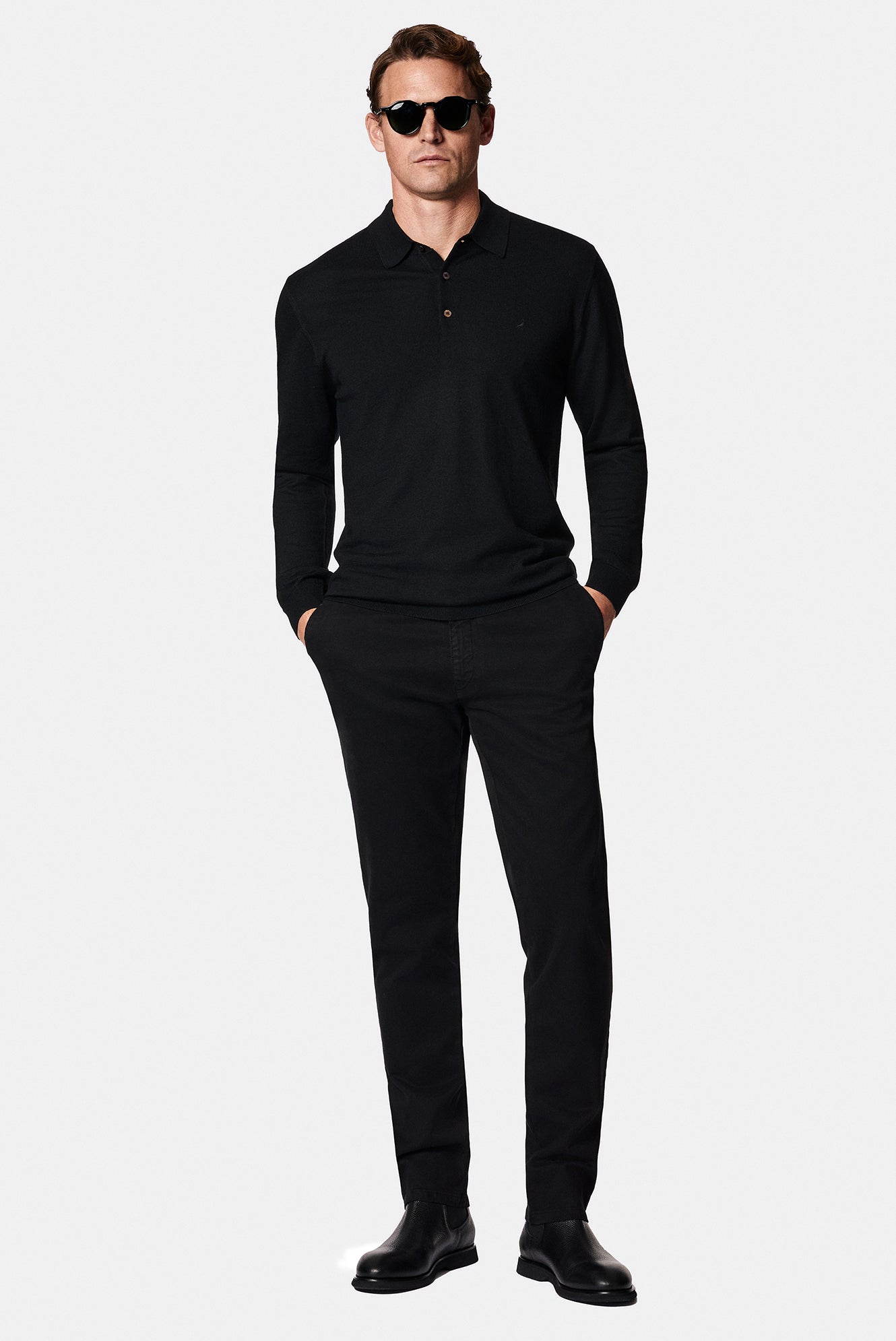 Siyah Polo Yaka Regular Fit Düğmeli Nakışlı Yün Triko Kazak