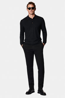 Siyah Polo Yaka Regular Fit Düğmeli Nakışlı Yün Triko Kazak