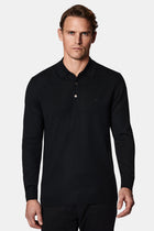 Siyah Polo Yaka Regular Fit Düğmeli Nakışlı Yün Triko Kazak