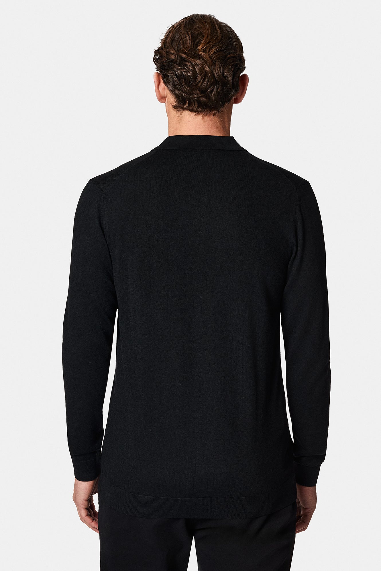 Siyah Polo Yaka Regular Fit Düğmeli Nakışlı Yün Triko Kazak