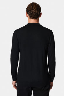 Siyah Polo Yaka Regular Fit Düğmeli Nakışlı Yün Triko Kazak