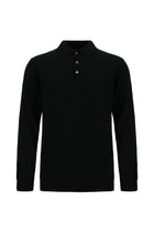 Siyah Polo Yaka Regular Fit Düğmeli Nakışlı Yün Triko Kazak