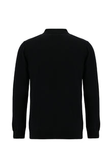 Siyah Polo Yaka Regular Fit Düğmeli Nakışlı Yün Triko Kazak