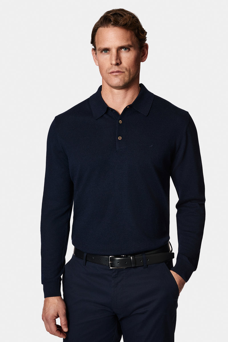 Koyu Lacivert Polo Yaka Regular Fit Düğmeli Nakışlı Yün Triko Kazak