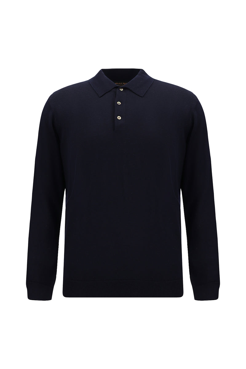 Koyu Lacivert Polo Yaka Regular Fit Düğmeli Nakışlı Yün Triko Kazak
