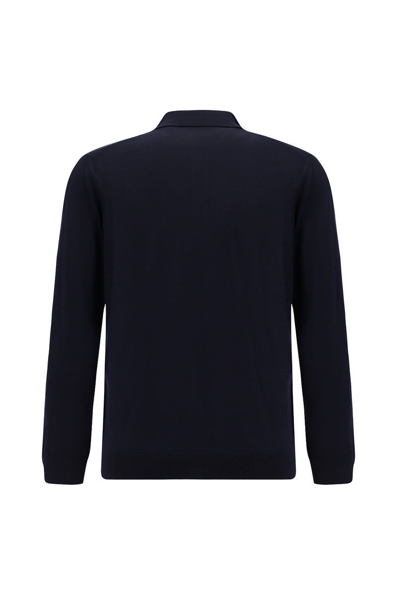 Koyu Lacivert Polo Yaka Regular Fit Düğmeli Nakışlı Yün Triko Kazak