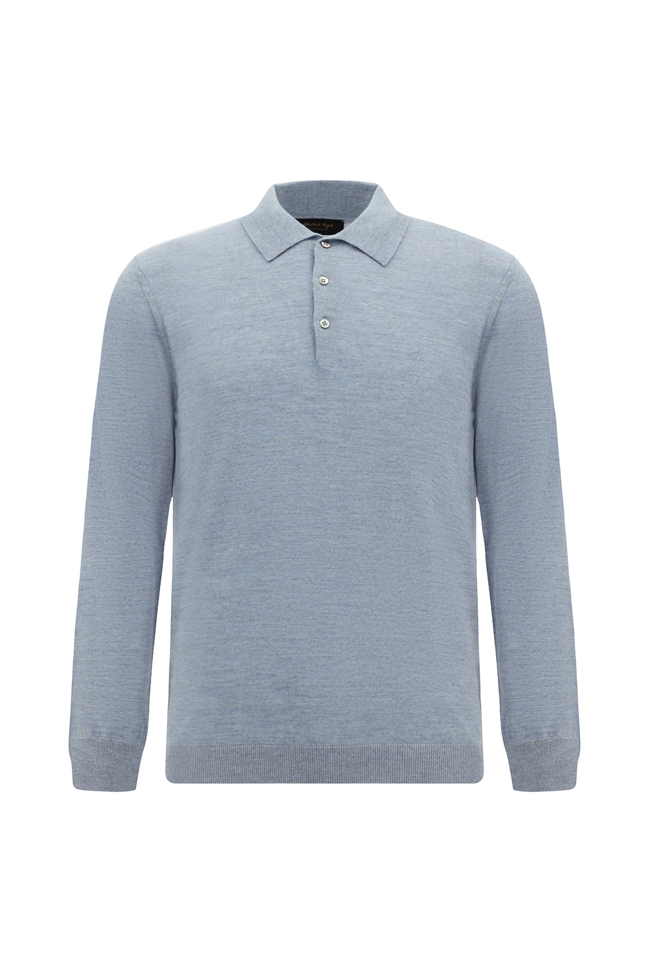 Açık Mavi Melanj Polo Yaka Düğmeli Nakışlı Regular Fit Yün Triko Kazak