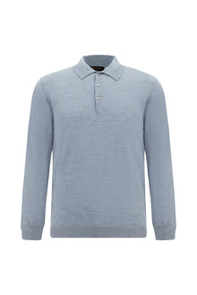 Açık Mavi Melanj Polo Yaka Düğmeli Nakışlı Regular Fit Yün Triko Kazak