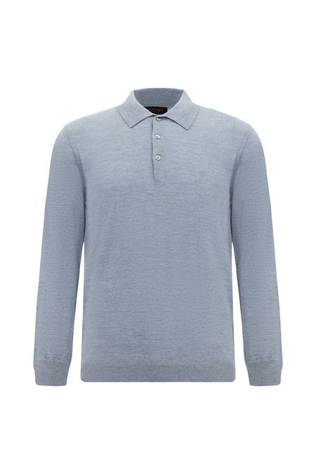 Açık Mavi Melanj Polo Yaka Düğmeli Nakışlı Regular Fit Yün Triko Kazak