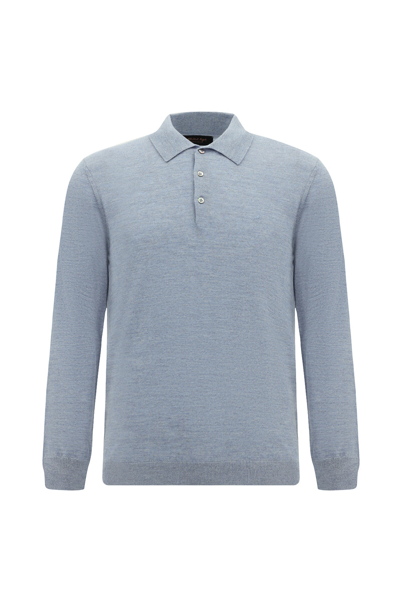 Açık Mavi Melanj Polo Yaka Düğmeli Nakışlı Regular Fit Yün Triko Kazak