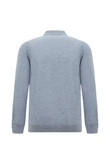 Açık Mavi Melanj Polo Yaka Düğmeli Nakışlı Regular Fit Yün Triko Kazak