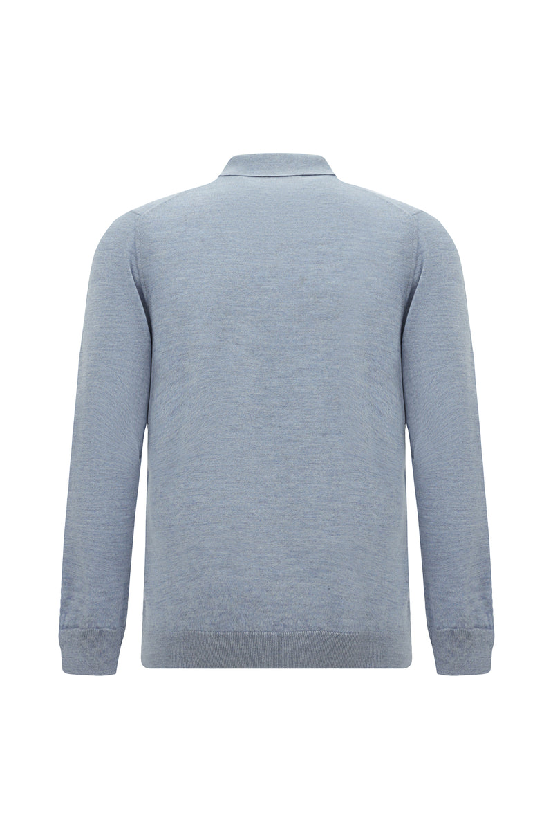 Açık Mavi Melanj Polo Yaka Düğmeli Nakışlı Regular Fit Yün Triko Kazak