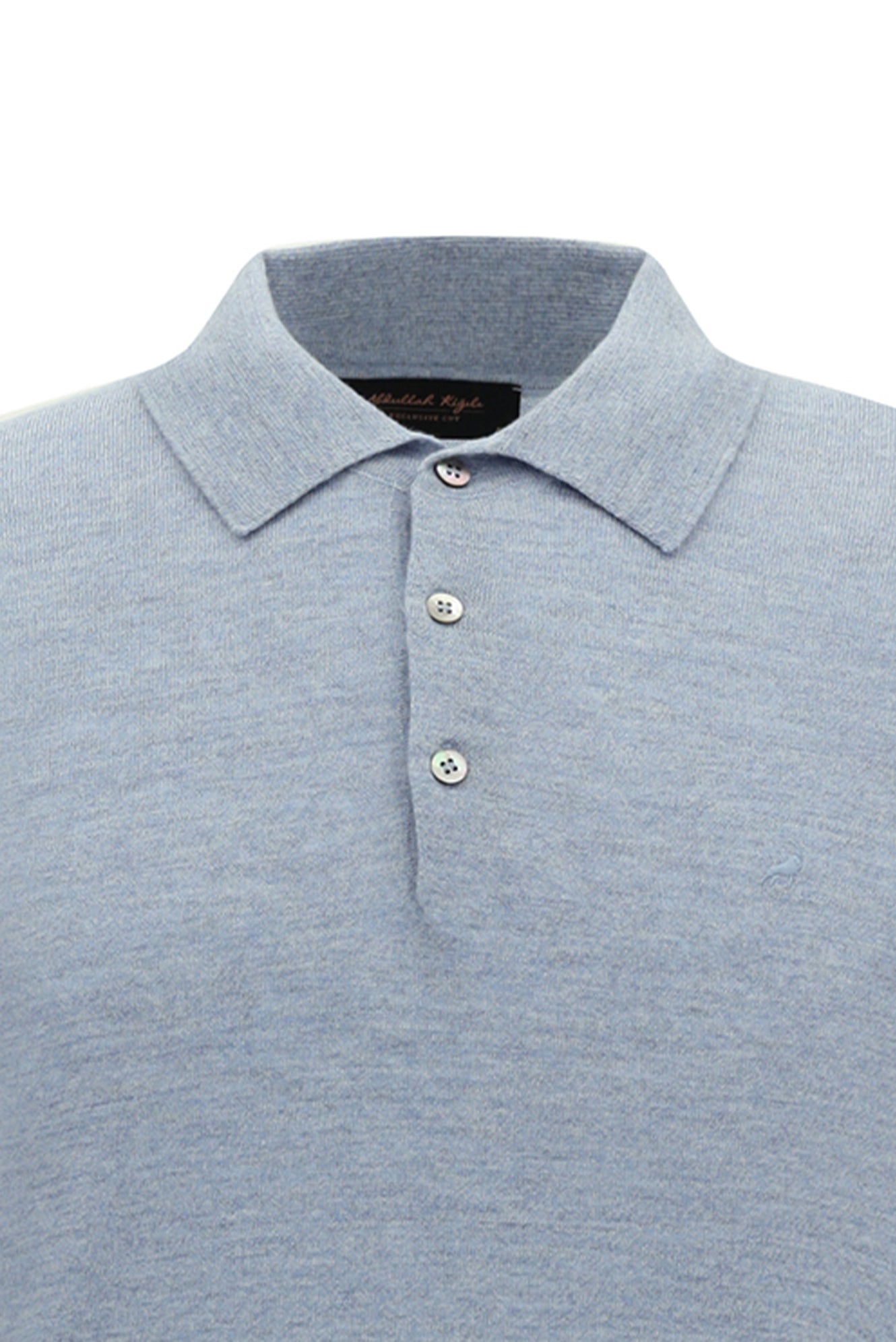 Açık Mavi Melanj Polo Yaka Düğmeli Nakışlı Regular Fit Yün Triko Kazak