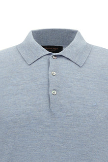 Açık Mavi Melanj Polo Yaka Düğmeli Nakışlı Regular Fit Yün Triko Kazak