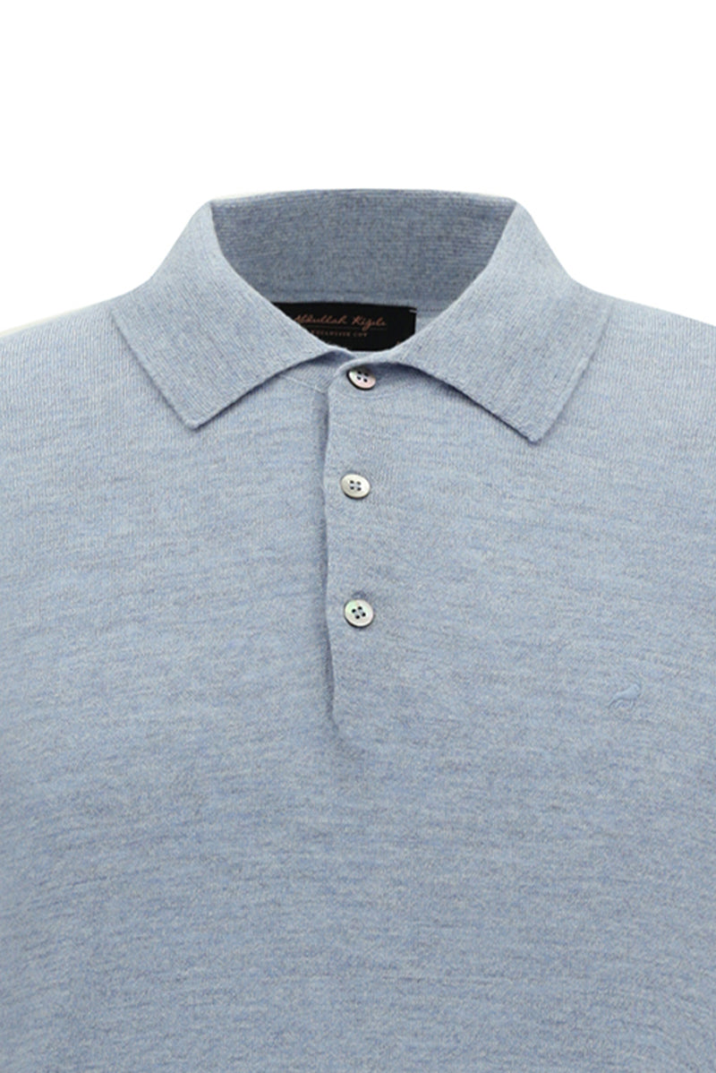 Açık Mavi Melanj Polo Yaka Düğmeli Nakışlı Regular Fit Yün Triko Kazak