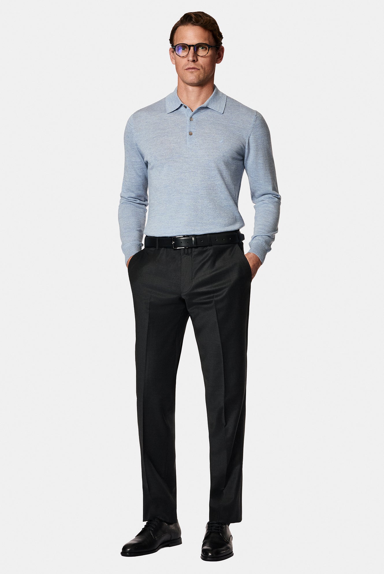 Açık Mavi Melanj Polo Yaka Regular Fit Düğmeli Nakışlı Yün Triko Kazak