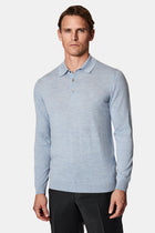 Açık Mavi Melanj Polo Yaka Regular Fit Düğmeli Nakışlı Yün Triko Kazak