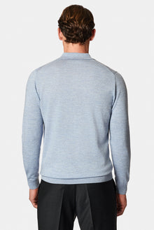 Açık Mavi Melanj Polo Yaka Regular Fit Düğmeli Nakışlı Yün Triko Kazak