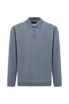 Açık Mavi Melanj Polo Yaka Regular Fit Düğmeli Nakışlı Yün Triko Kazak