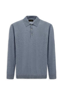 Açık Mavi Melanj Polo Yaka Regular Fit Düğmeli Nakışlı Yün Triko Kazak