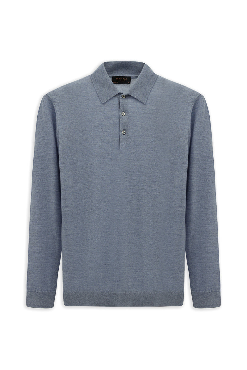 Açık Mavi Melanj Polo Yaka Regular Fit Düğmeli Nakışlı Yün Triko Kazak