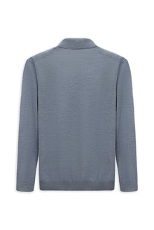 Açık Mavi Melanj Polo Yaka Regular Fit Düğmeli Nakışlı Yün Triko Kazak