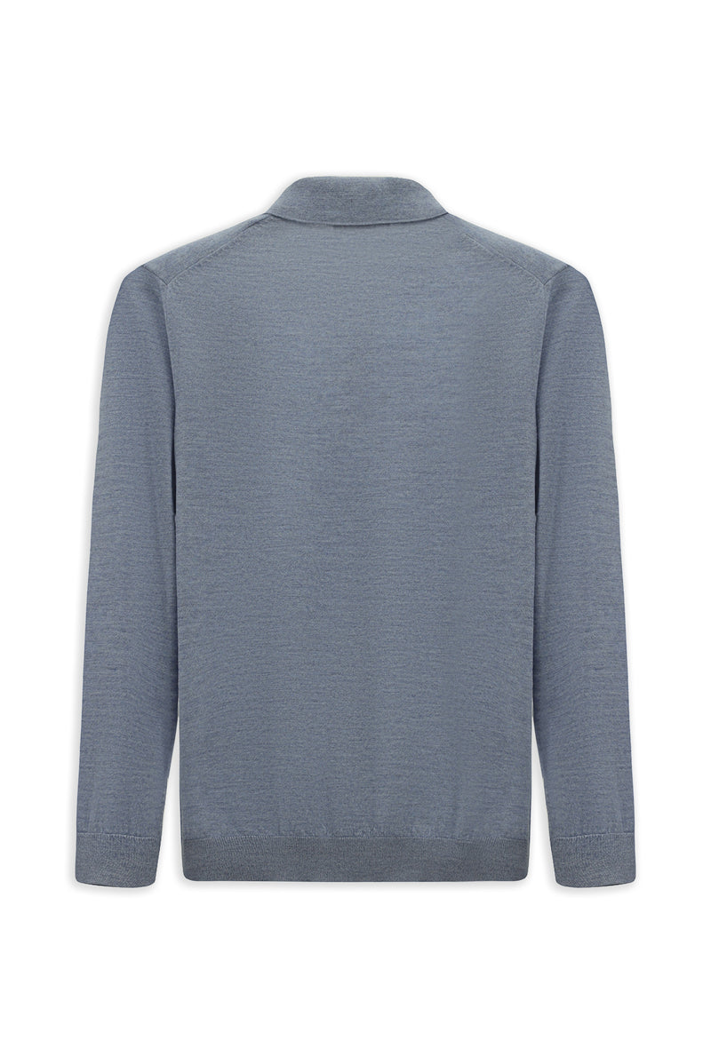 Açık Mavi Melanj Polo Yaka Regular Fit Düğmeli Nakışlı Yün Triko Kazak