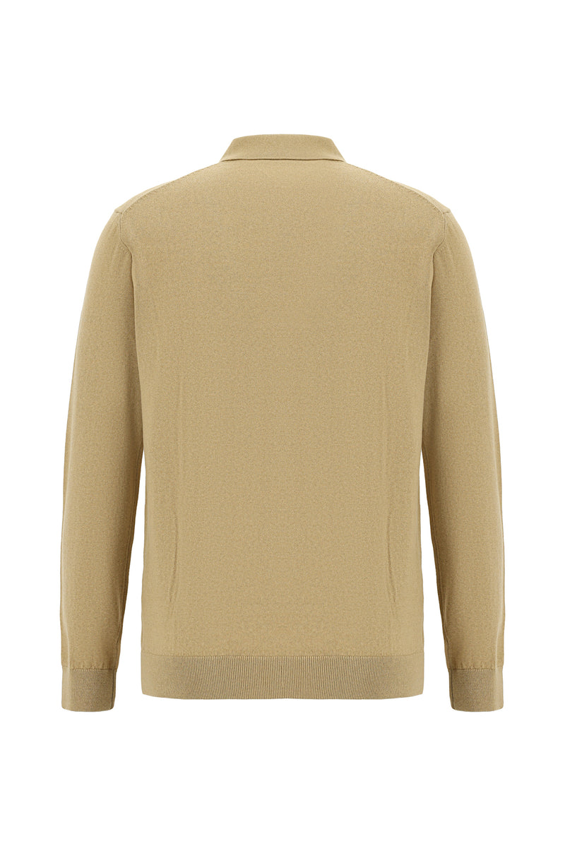 Orta Bej Polo Yaka Regular Fit Yün Triko Kazak