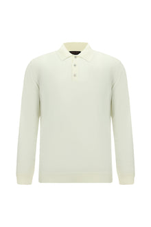 Kırık Beyaz Polo Yaka Düğmeli Nakışlı Regular Fit Yün Triko Kazak