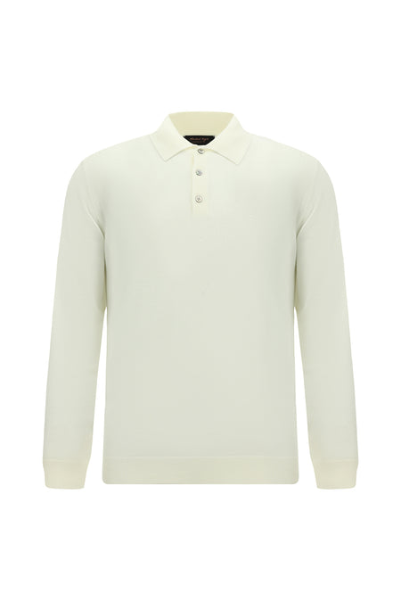 Kırık Beyaz Polo Yaka Düğmeli Nakışlı Regular Fit Yün Triko Kazak