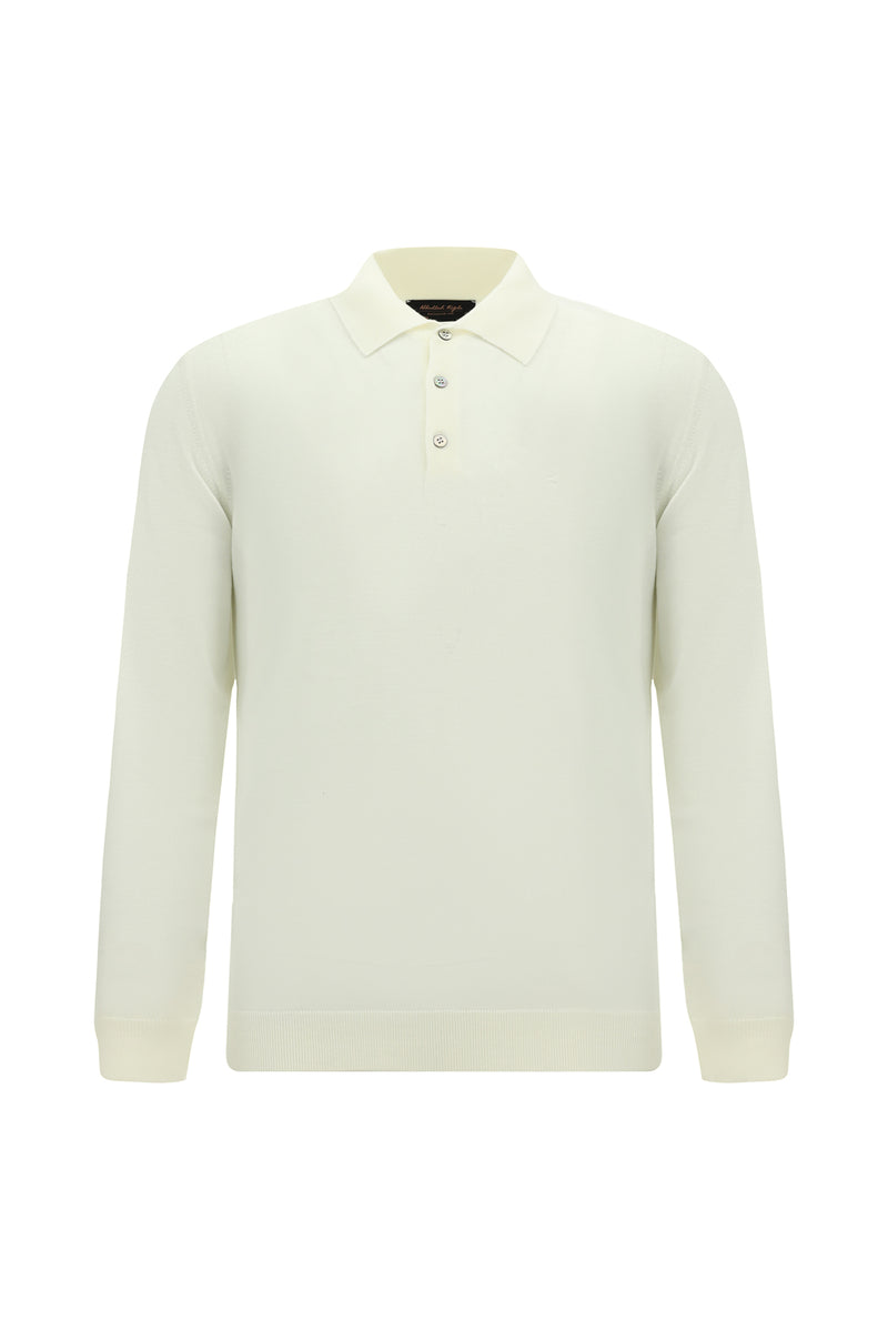 Kırık Beyaz Polo Yaka Düğmeli Nakışlı Regular Fit Yün Triko Kazak